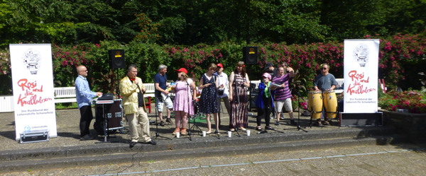 Rosi 2015 im Rosengarten Pinneberg. Die Rosimitglieder winken in die Kamera.